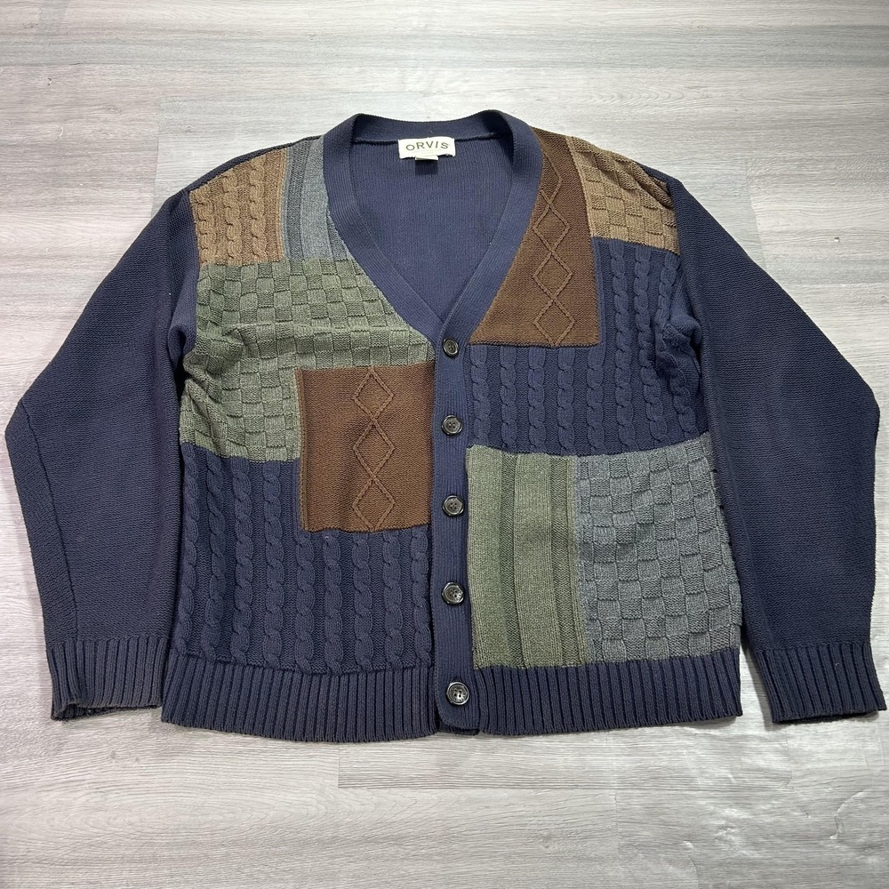 Orvis Sweater Mens Medium Blue Cotton Patchwork V Neck Button Cardigan Knit